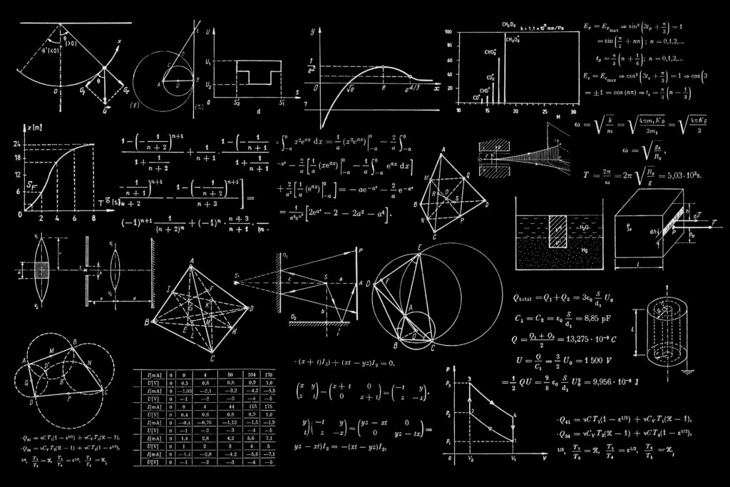 Tavle med mange forskjellige formler. Skal illustrere matematisk kompleksistet.